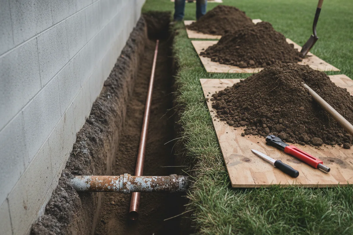 Excavated water line trench during Sewer Line Repair in Frankston